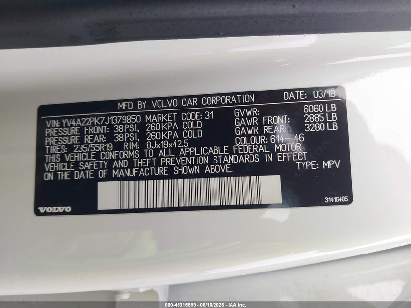 2018 Volvo Xc90 VIN YV4A22PK7J1379850 IAAI salvage auction — LEFT REAR, Salvage (Virginia), sold $6,675 on 2026-07-17 (photo 9)