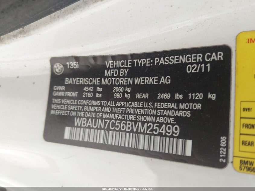 2011 BMW 1er VIN WBAUN7C56BVM25499 IAAI salvage auction — UNKNOWN, Clear (Virginia), sold $1,100 on 2026-07-14 (photo 9)