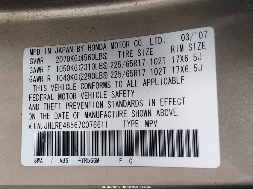 2007 Honda Cr-v VIN JHLRE48567C076611 IAAI salvage auction — FRONT END, Bill Of Sale (Washington), sold $1,400 on 2026-07-08 (photo 9)