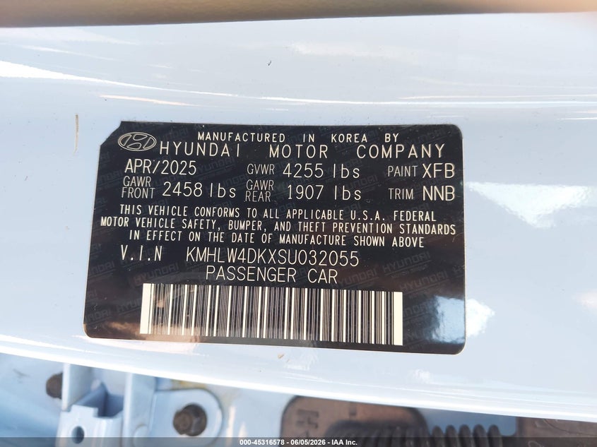 2025 Hyundai Elantra n VIN KMHLW4DKXSU032055 IAAI salvage auction — FRONT END, Salvage Title, sold $6,800 on 2026-07-29 (photo 9)