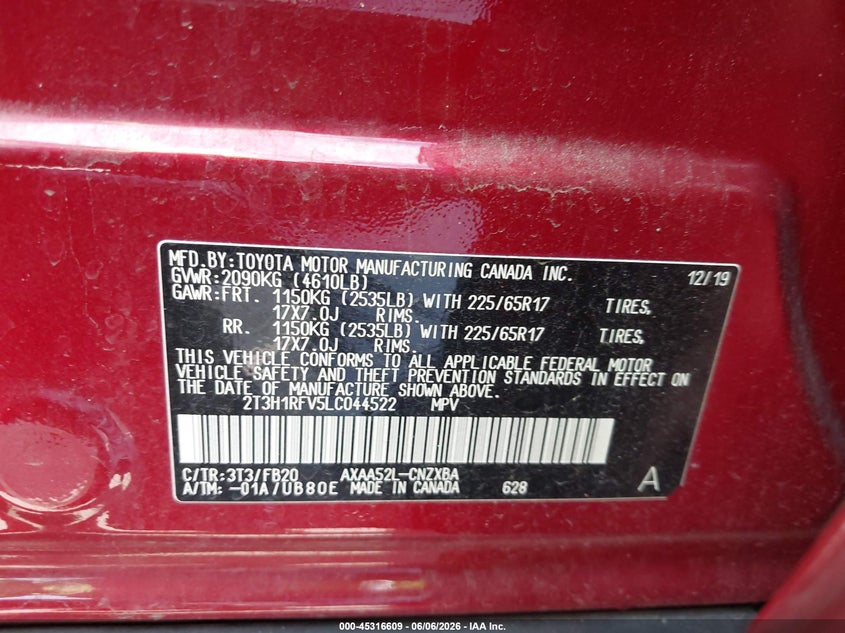 2020 Toyota Rav 4 VIN 2T3H1RFV5LC044522 IAAI salvage auction — SIDE, Original (Texas), sold $7,500 on 2026-07-12 (photo 9)