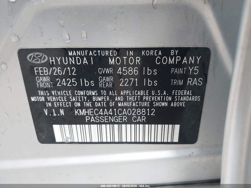 2012 Hyundai Sonata VIN KMHEC4A41CA028812 IAAI salvage auction — SIDE, Clear (Indiana), sold $25 on 2026-07-28 (photo 9)