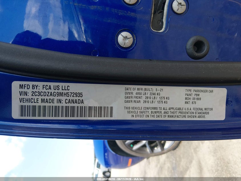 2021 Dodge Challenger VIN 2C3CDZAG9MH572935 IAAI salvage auction — REAR END, Salvage (South Carolina), sold $3,800 on 2026-07-19 (photo 9)