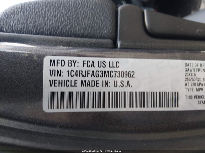 2021 Jeep Grand cherokee VIN 1C4RJFAG3MC730962 IAAI salvage auction — LEFT FRONT, Wait Title, sold $6,000 on 2026-09-09 (photo 9)