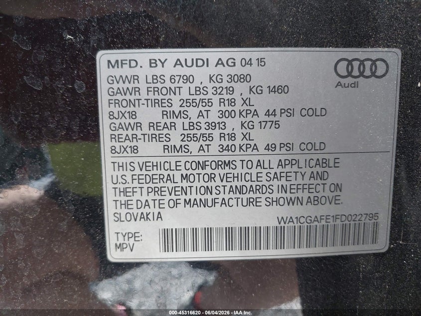 2015 Audi Q7 VIN WA1CGAFE1FD022795 IAAI salvage auction — NORMAL WEAR, Clear (Alabama), sold $2,800 on 2026-07-20 (photo 9)