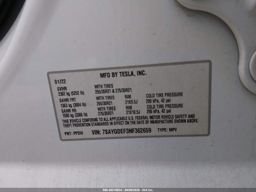 2022 Tesla Model y VIN 7SAYGDEF3NF362659 IAAI salvage auction — FRONT END, Salvage (North Carolina), sold $7,700 on 2026-07-30 (photo 9)