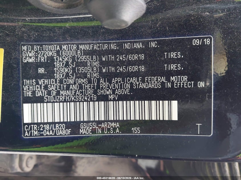 2019 Toyota Highlander VIN 5TDJZRFH7KS924219 IAAI salvage auction — SIDE, Salvage Title, sold $7,750 on 2026-07-22 (photo 9)