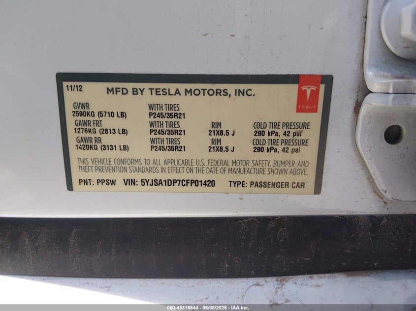 2012 Tesla Model s VIN 5YJSA1DP7CFP01420 IAAI salvage auction — ELECTRICAL, Salvage Title, sold $1,500 on 2026-07-08 (photo 9)