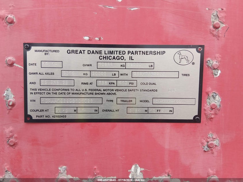 2016 Great dane trailers Great dane trailers VIN 1GRAA7222GB701023 IAAI salvage auction — FRONT END, Clear (Minnesota), sold $1,500 on 2026-08-01 (photo 9)