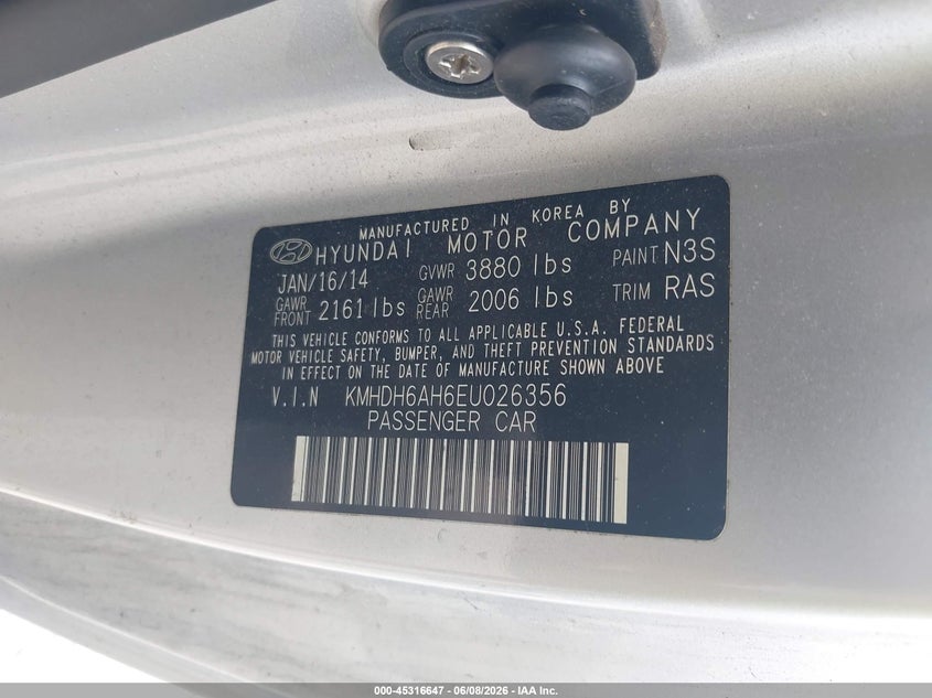 2014 Hyundai Elantra VIN KMHDH6AH6EU026356 IAAI salvage auction — REAR END, Rebuildable (Florida), sold $1,000 on 2026-07-28 (photo 9)