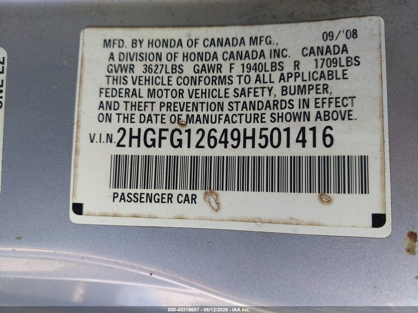 2009 Honda Civic VIN 2HGFG12649H501416 IAAI salvage auction — NORMAL WEAR, Clear (Montana), sold $325 on 2026-08-03 (photo 9)
