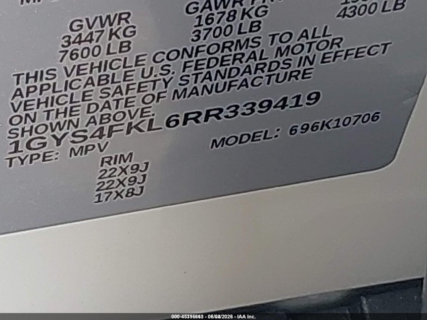 2024 Cadillac Escalade VIN 1GYS4FKL6RR339419 IAAI salvage auction — FRONT END, Salvage Title, sold $32,150 on 2026-07-13 (photo 9)