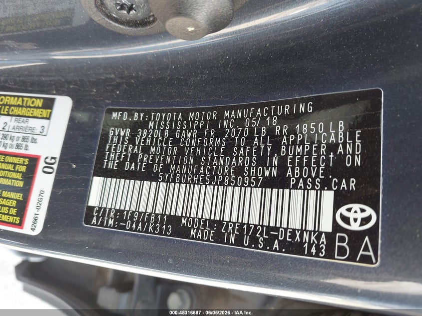 2018 Toyota Corolla VIN 5YFBURHE5JP850957 IAAI salvage auction — FRONT END, Salvage Title, sold $1,450 on 2026-07-28 (photo 9)