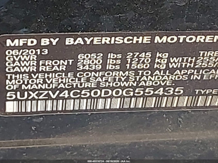 2013 BMW X5 VIN 5UXZV4C50D0G55435 IAAI salvage auction — FRONT END, Mv-907A (New York), sold $2,600 on 2026-07-14 (photo 9)