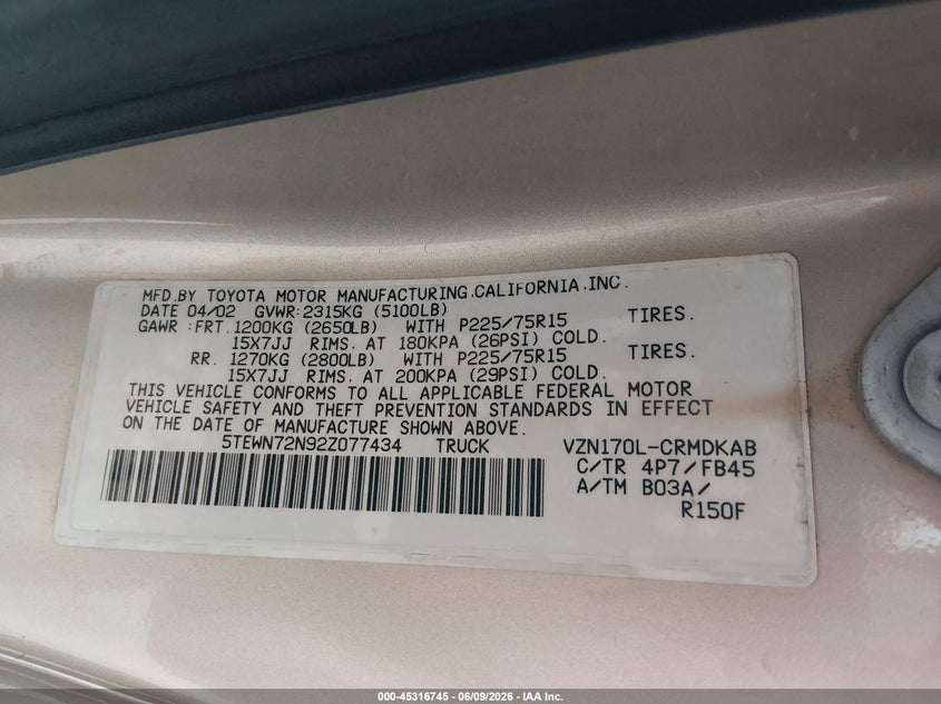 2002 Toyota Tacoma VIN 5TEWN72N92Z077434 IAAI salvage auction — FRONT END, Salvage (Utah), sold $6,100 on 2026-07-16 (photo 9)