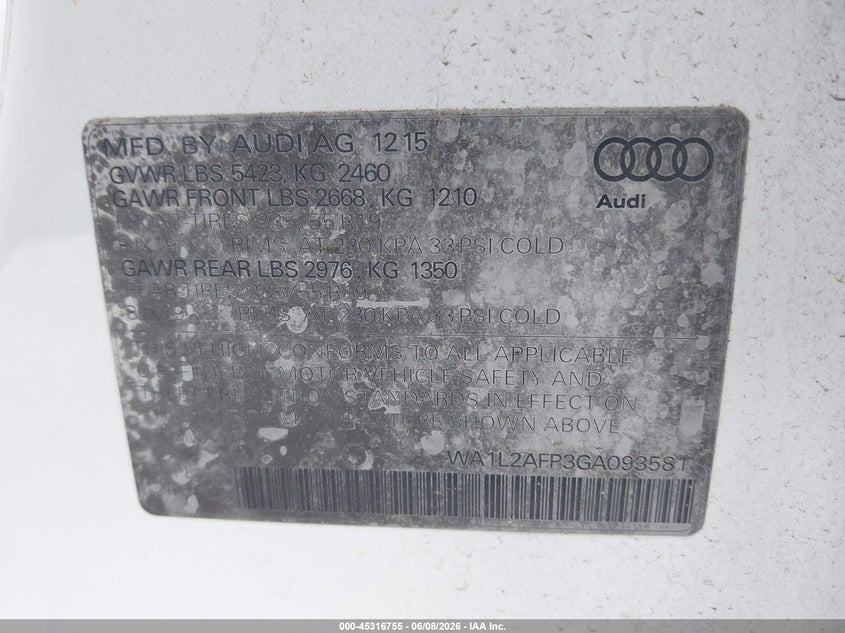 2016 Audi Q5 VIN WA1L2AFP3GA093581 IAAI salvage auction — NORMAL WEAR, Clear (Pennsylvania), sold $1,050 on 2026-07-17 (photo 9)