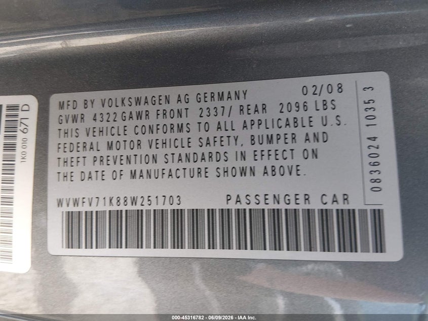 2008 Volkswagen Gti VIN WVWFV71K88W251703 IAAI salvage auction — FRONT END, Salvage (Oregon), sold $200 on 2026-08-10 (photo 9)