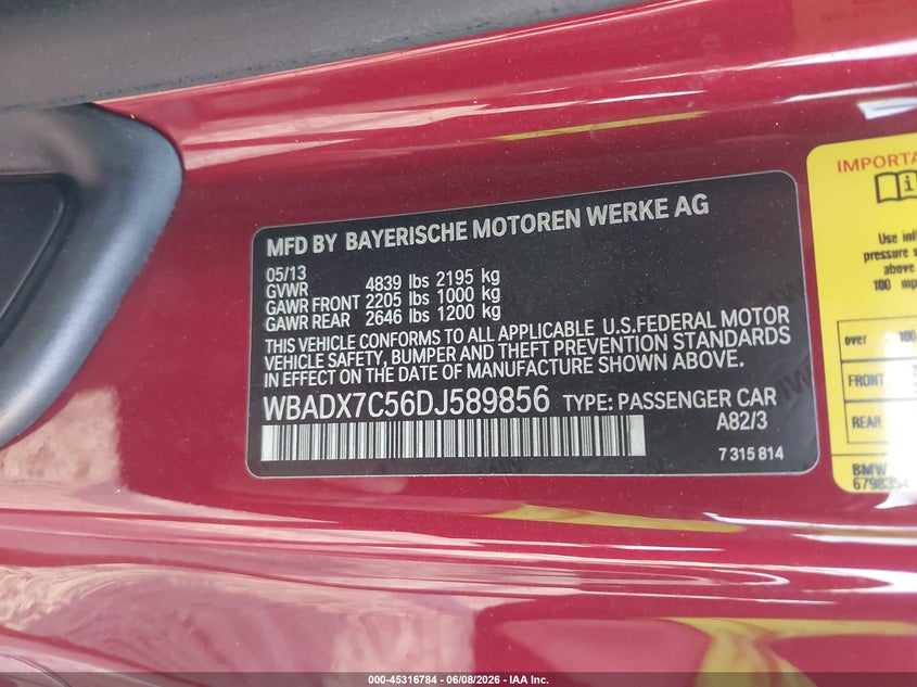 2013 BMW 3er VIN WBADX7C56DJ589856 IAAI salvage auction — FRONT END, Salvage Title, sold $2,050 on 2026-07-21 (photo 9)