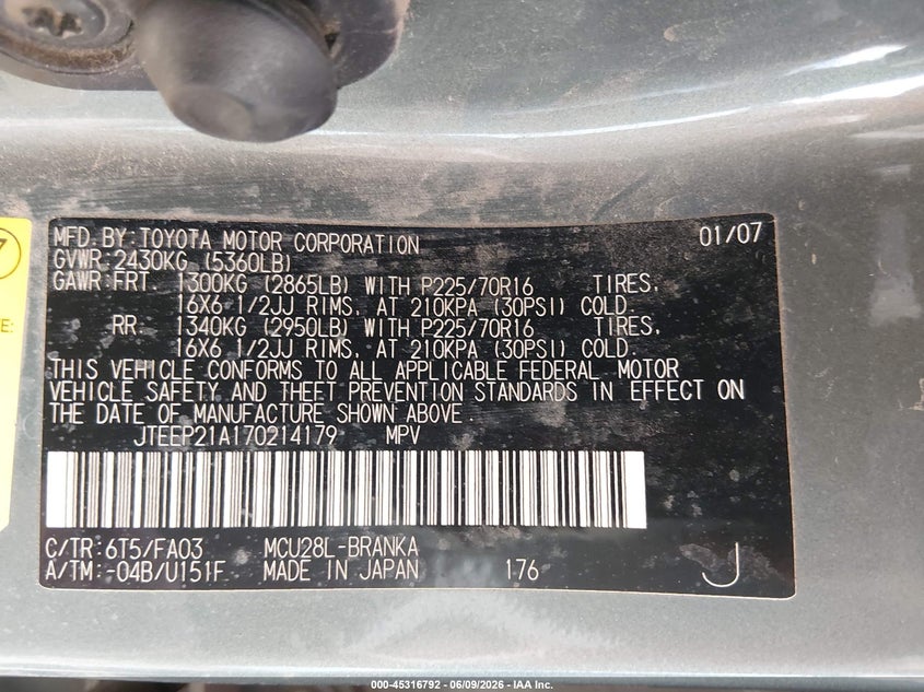 2007 Toyota Highlander VIN JTEEP21A170214179 IAAI salvage auction — NORMAL WEAR, Salvage (Colorado), sold $150 on 2026-07-08 (photo 9)