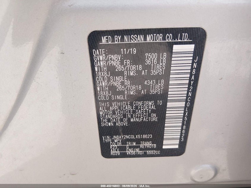 2020 Nissan Armada VIN JN8AY2NC0LX518623 IAAI salvage auction — LEFT SIDE, Salvage Title, sold $5,300 on 2026-07-30 (photo 9)