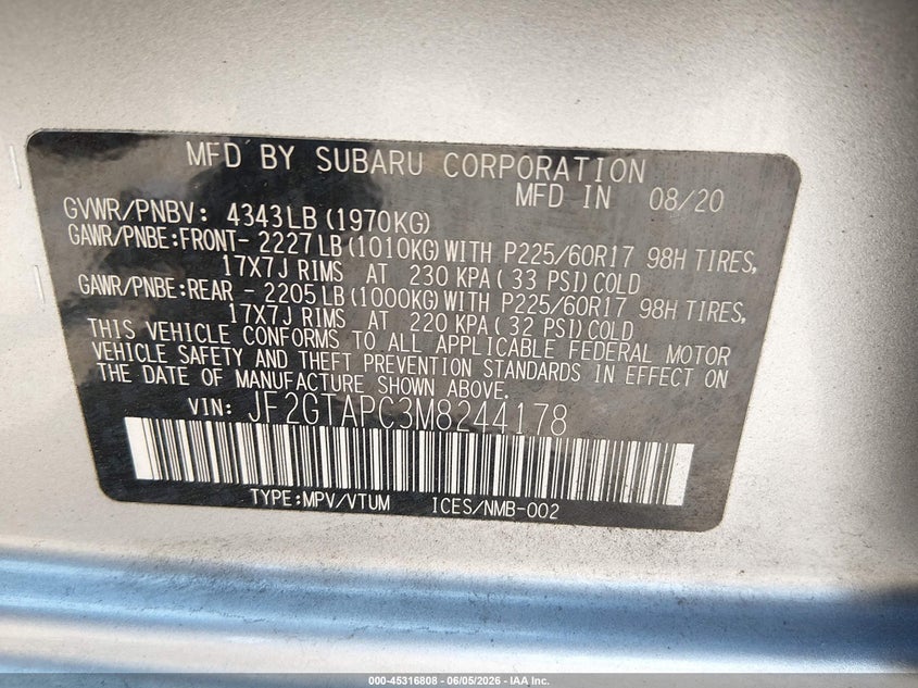 2021 Subaru Xv VIN JF2GTAPC3M8244178 IAAI salvage auction — LEFT FRONT, Salvage (North Carolina), sold $3,975 on 2026-07-28 (photo 9)
