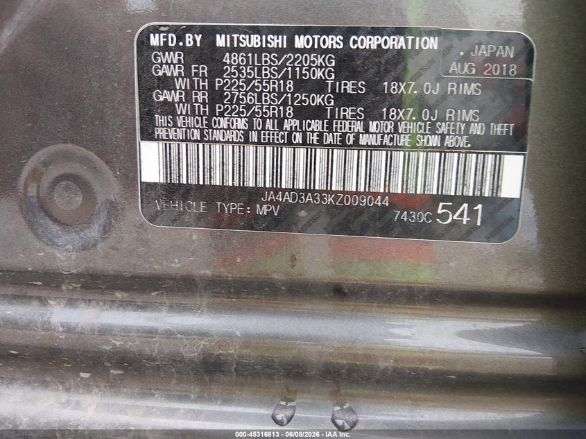 2019 Mitsubishi Outlander VIN JA4AD3A33KZ009044 IAAI salvage auction — REAR END, Salvage Title, sold $4,800 on 2026-07-09 (photo 9)