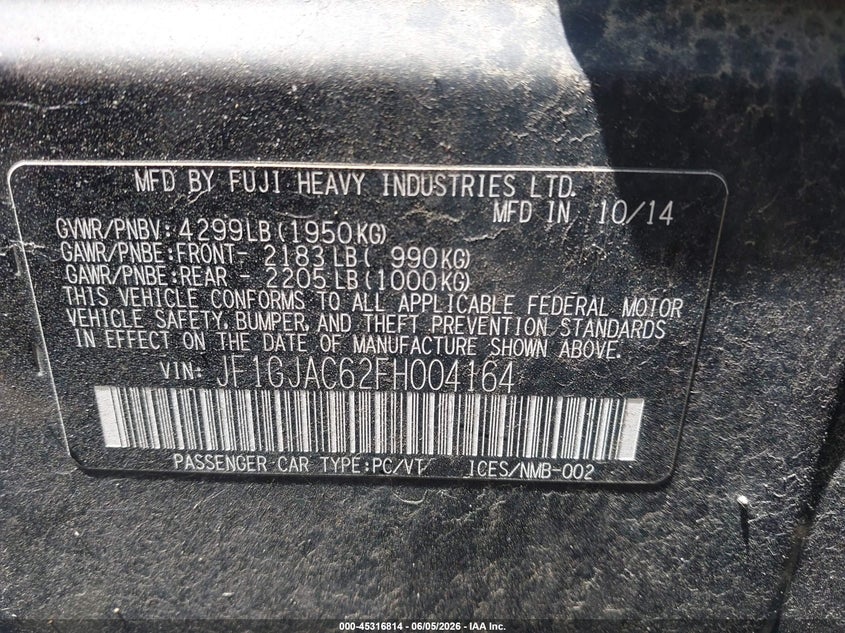 2015 Subaru Impreza VIN JF1GJAC62FH004164 IAAI salvage auction — NORMAL WEAR, Clear (Kansas), sold $575 on 2026-07-22 (photo 9)