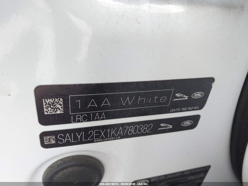 2019 Land rover Range rover velar VIN SALYL2EX1KA780382 IAAI salvage auction — FRONT & REAR, Salvage Title, sold $12,900 on 2026-07-30 (photo 9)