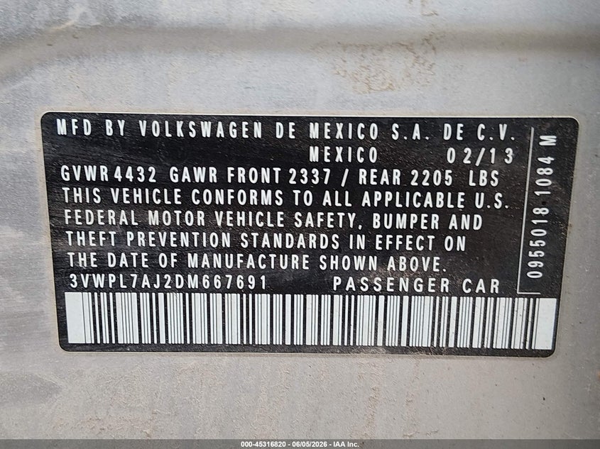 2013 Volkswagen Jetta VIN 3VWPL7AJ2DM667691 IAAI salvage auction — NORMAL WEAR, Salvage Title, sold $525 on 2026-07-22 (photo 9)
