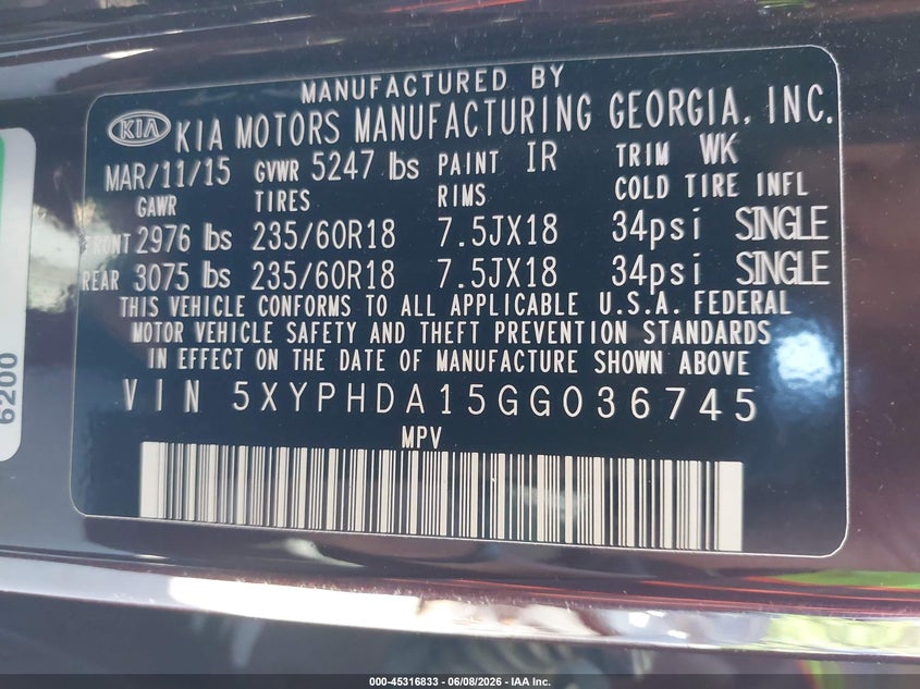 2016 Kia Sorento VIN 5XYPHDA15GG036745 IAAI salvage auction — FRONT END, Mv-907A (New York), sold $2,350 on 2026-07-28 (photo 9)