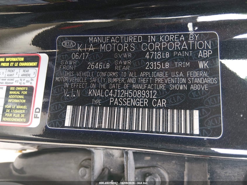 2017 Kia Cadenza VIN KNALC4J12H5089312 IAAI salvage auction — FRONT END, Salvage Title, sold $1,050 on 2026-07-14 (photo 9)