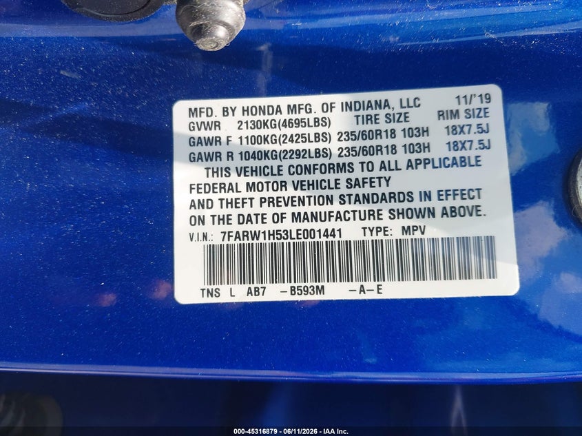 2020 Honda Cr-v VIN 7FARW1H53LE001441 IAAI salvage auction — REAR END, Salvage (Idaho), sold $9,000 on 2026-07-08 (photo 9)