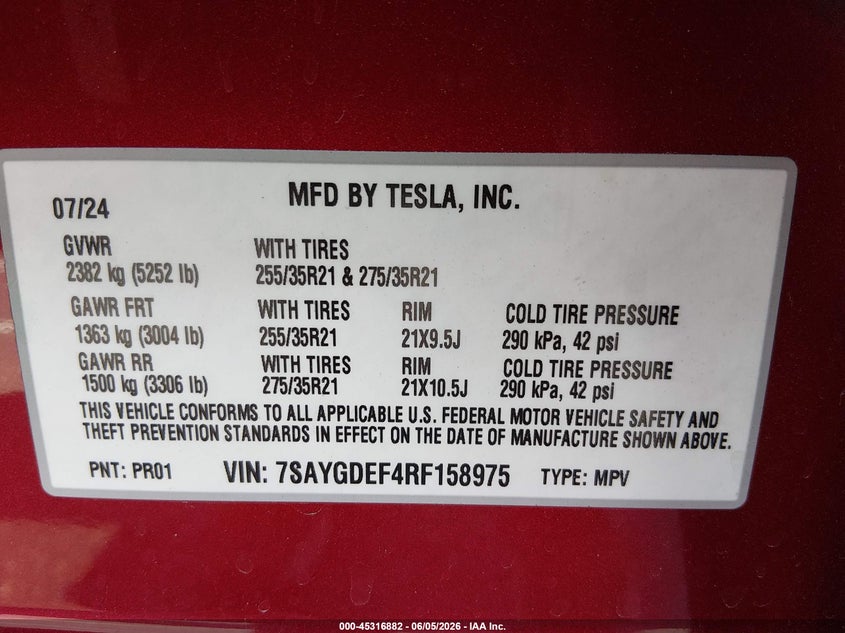 2024 Tesla Model y VIN 7SAYGDEF4RF158975 IAAI salvage auction — FRONT END, Salvage (Nevada), sold $3,150 on 2026-07-30 (photo 9)
