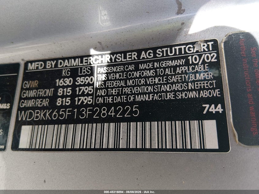 2003 Mercedes-benz Slk-klasse VIN WDBKK65F13F284225 IAAI salvage auction — FRONT END, Salvage (Colorado), sold $625 on 2026-07-28 (photo 9)