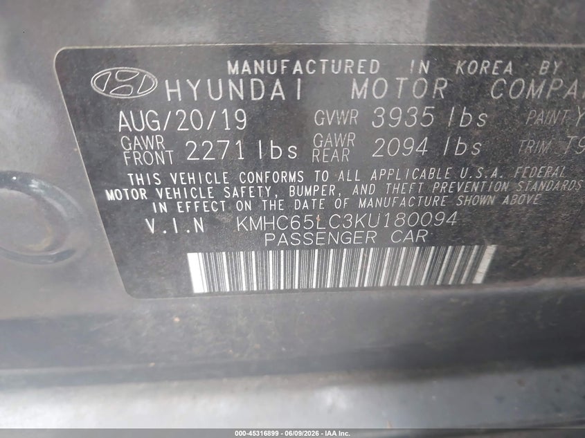2019 Hyundai Ioniq VIN KMHC65LC3KU180094 IAAI salvage auction — FRONT END, Salvage (North Carolina), sold $1,350 on 2026-07-27 (photo 9)