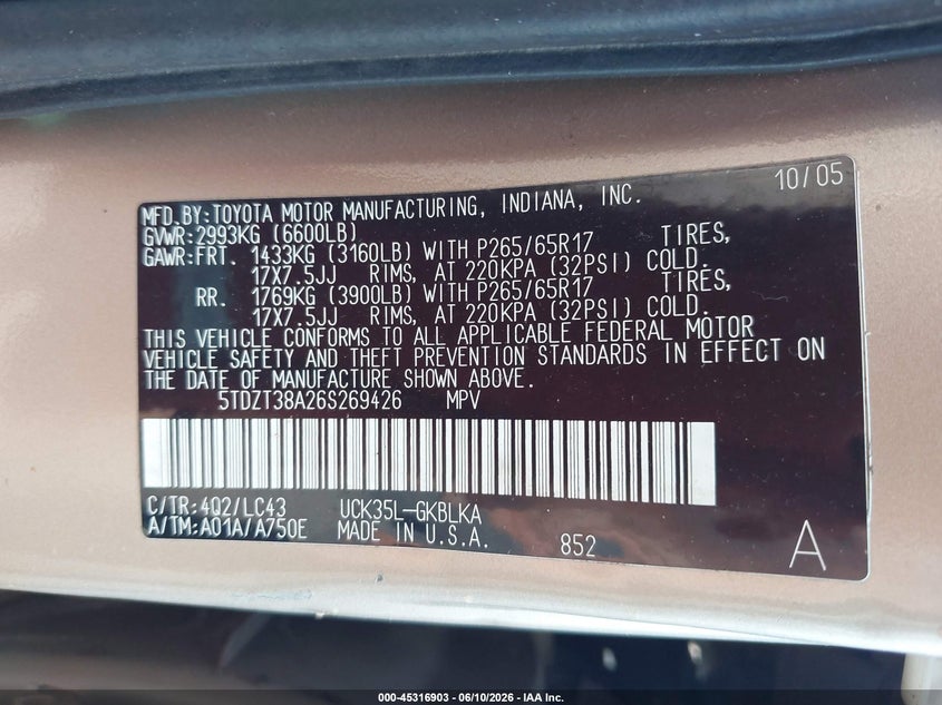2006 Toyota Sequoia VIN 5TDZT38A26S269426 IAAI salvage auction — FRONT & REAR, Salvage (Alabama), sold $700 on 2026-07-13 (photo 9)