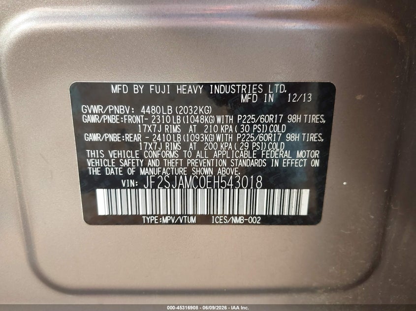 2014 Subaru Forester VIN JF2SJAMC0EH543018 IAAI salvage auction — HAIL, Salvage Title, sold $1,050 on 2026-07-13 (photo 9)
