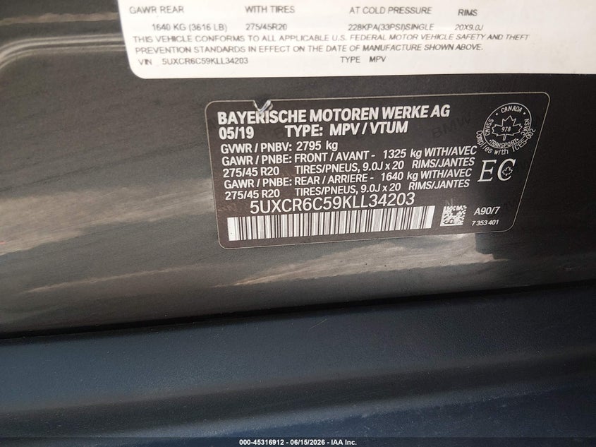 2019 BMW X5 VIN 5UXCR6C59KLL34203 IAAI salvage auction — HAIL, Salvage (Ohio), sold $17,250 on 2026-07-14 (photo 9)