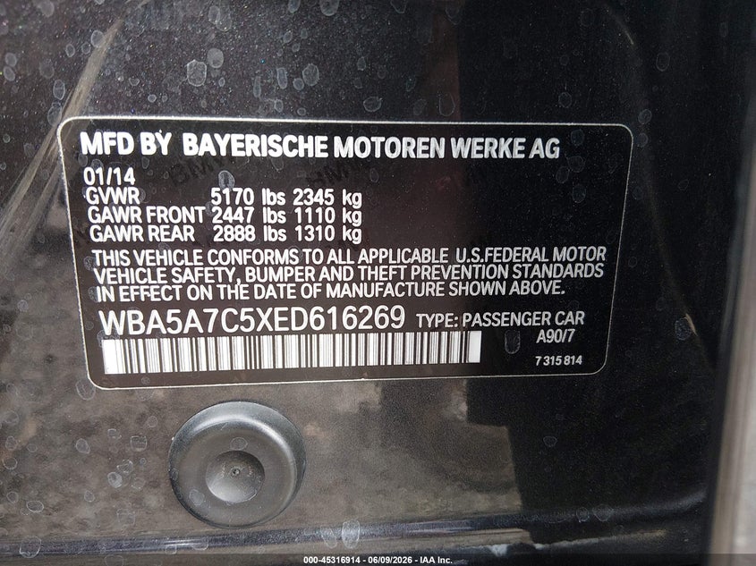 2014 BMW 5er VIN WBA5A7C5XED616269 IAAI salvage auction — UNDERCARRIAGE, Salvage Title, sold $2,125 on 2026-07-29 (photo 9)