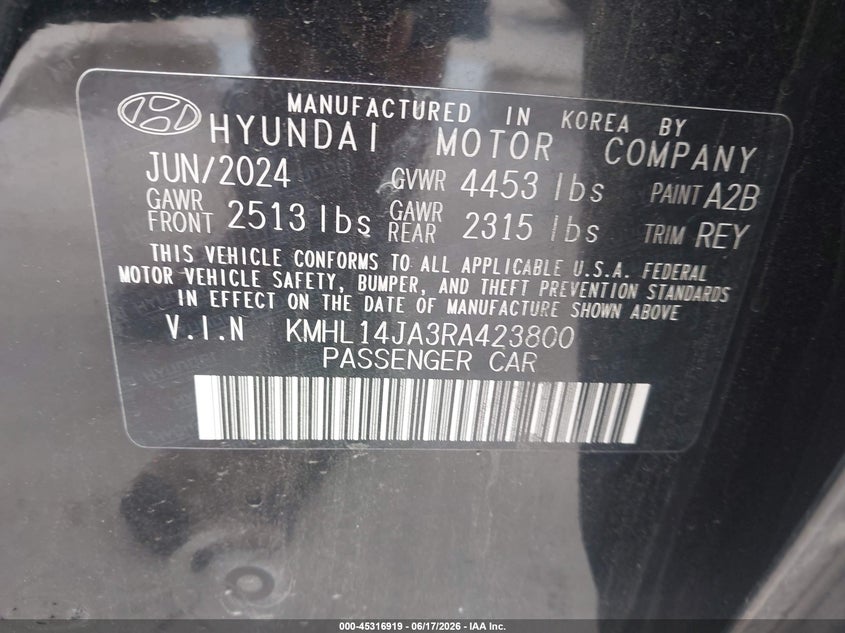 2024 Hyundai Sonata VIN KMHL14JA3RA423800 IAAI salvage auction — RIGHT SIDE, Salvage Title, sold $9,400 on 2026-08-20 (photo 9)