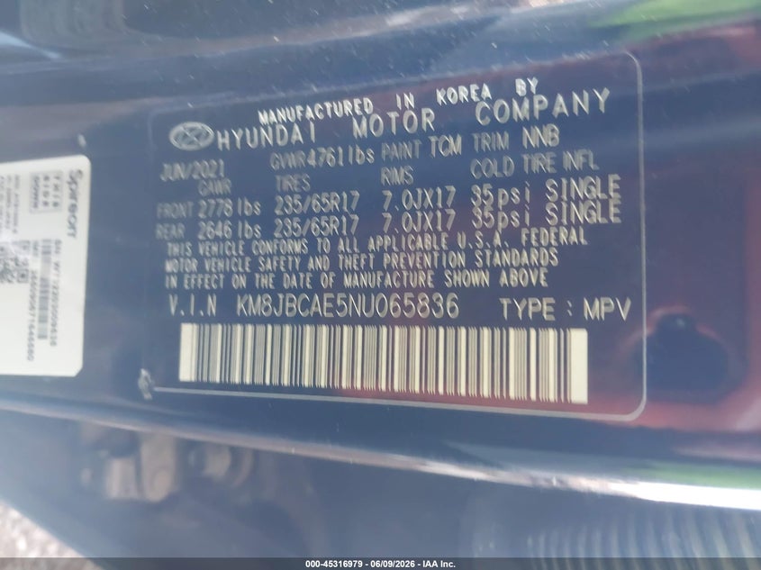2022 Hyundai Tucson VIN KM8JBCAE5NU065836 IAAI salvage auction — FRONT END, Salvage (Arizona), sold $4,800 on 2026-07-28 (photo 9)