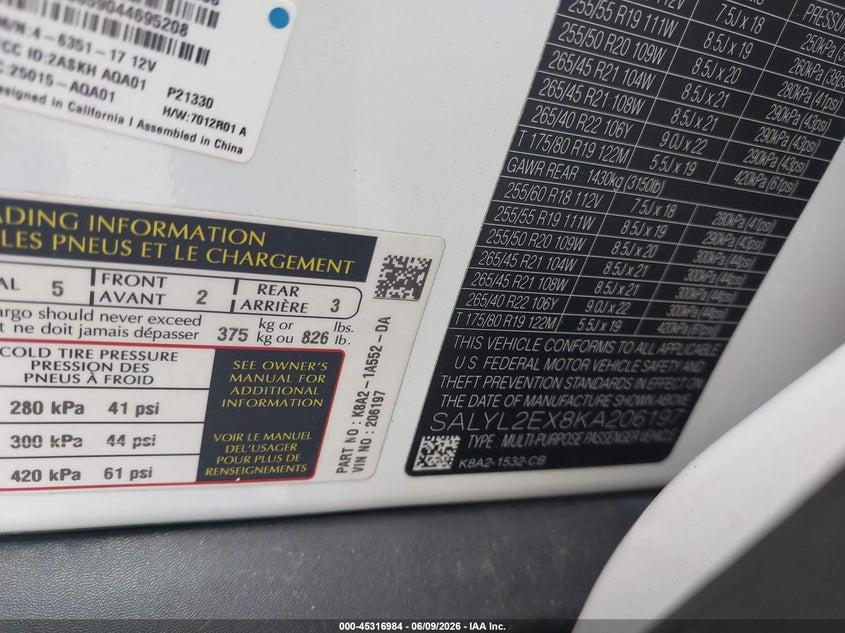 2019 Land rover Range rover velar VIN SALYL2EX8KA206197 IAAI salvage auction — FRONT END, Salvage Title, sold $50 on 2026-07-08 (photo 9)