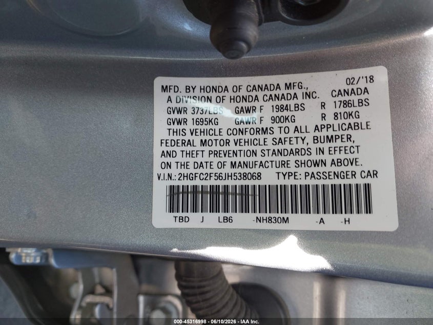 2018 Honda Civic VIN 2HGFC2F56JH538068 IAAI salvage auction — FRONT & REAR, Salvage Title, sold $5,600 on 2026-08-06 (photo 9)