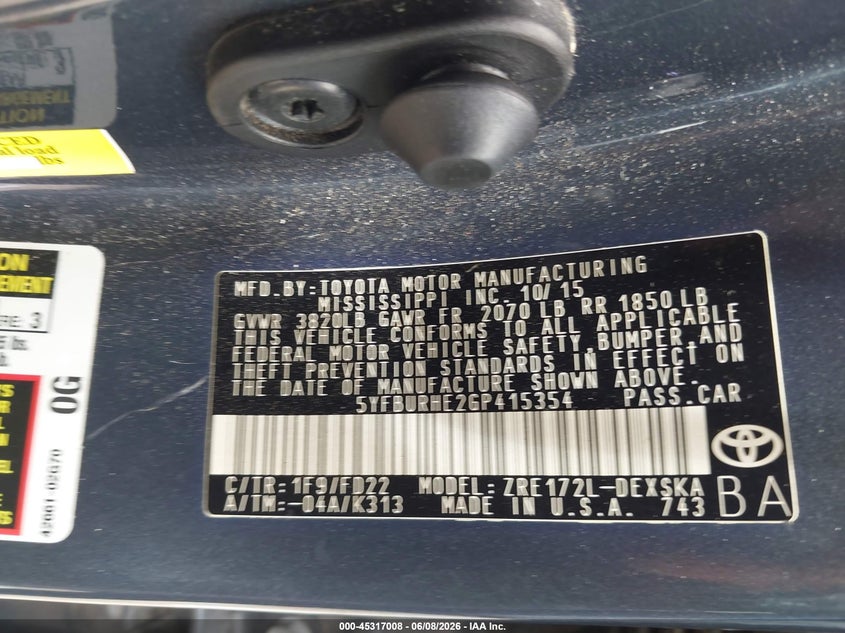 2016 Toyota Corolla VIN 5YFBURHE2GP415354 IAAI salvage auction — REAR END, Salvage Title, sold $3,600 on 2026-07-15 (photo 9)