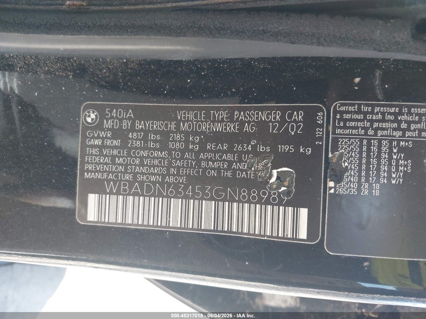 2003 BMW 5 series VIN WBADN63453GN88989 IAAI salvage auction — NORMAL WEAR, Clear - Dealer Only (California), sold $400 on 2026-07-20 (photo 9)