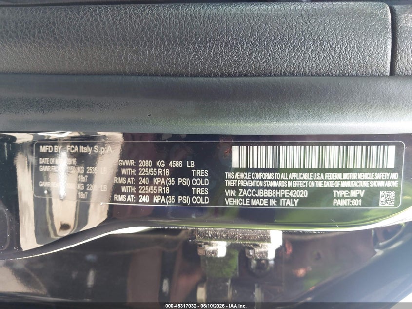 2017 Jeep Renegade VIN ZACCJBBB8HPE42020 IAAI salvage auction — LEFT REAR, Salvage - Greater Than 75% (Maryland), sold $1,800 on 2026-08-11 (photo 9)