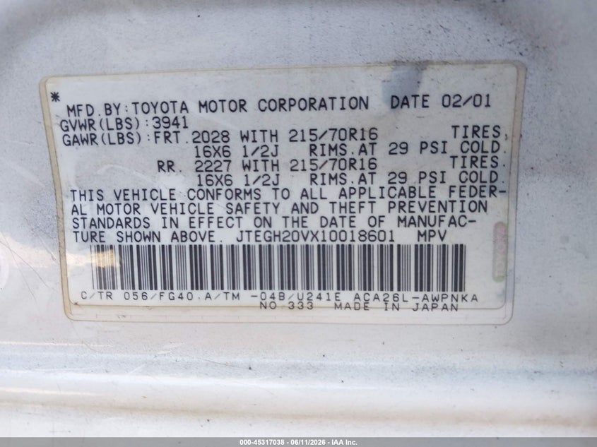 2001 Toyota Rav 4 VIN JTEGH20VX10018601 IAAI salvage auction — REAR END, Salvage (California), sold $525 on 2026-07-08 (photo 9)