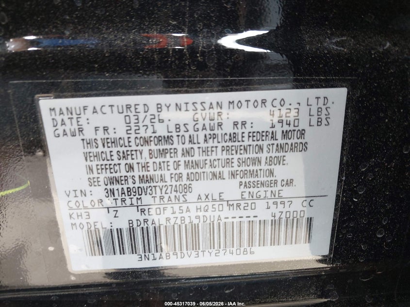 2026 Nissan Sentra VIN 3N1AB9DV3TY274086 IAAI salvage auction — RIGHT SIDE, Original (Texas), sold $13,000 on 2026-08-28 (photo 9)