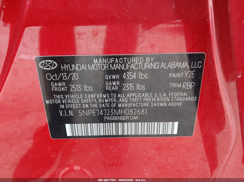 2021 Hyundai Sonata VIN 5NPEJ4J23MH082681 IAAI salvage auction — FRONT END, Salvage Title, sold $4,550 on 2026-07-28 (photo 9)