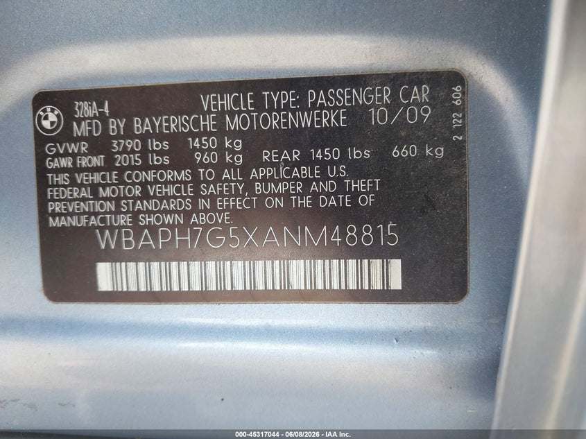 2010 BMW 3er VIN WBAPH7G5XANM48815 IAAI salvage auction — NORMAL WEAR, Clear-Dealer Only (North Carolina), sold $475 on 2026-07-20 (photo 9)